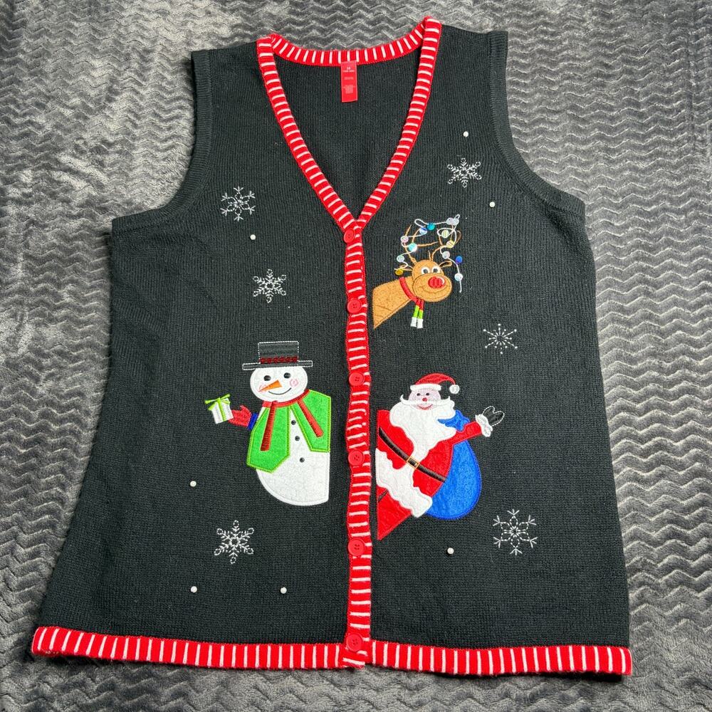 Ugly Christmas Sweater Womens 2XL Vest Snowman Snowflake Beaded Black